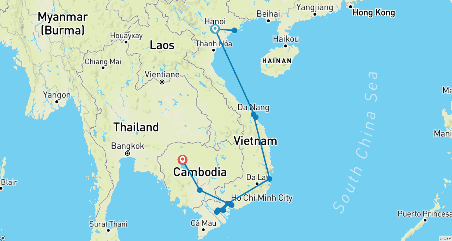 Mapa do percurso de Vietnã e Camboja: Macarrão e Mercados Noturnos