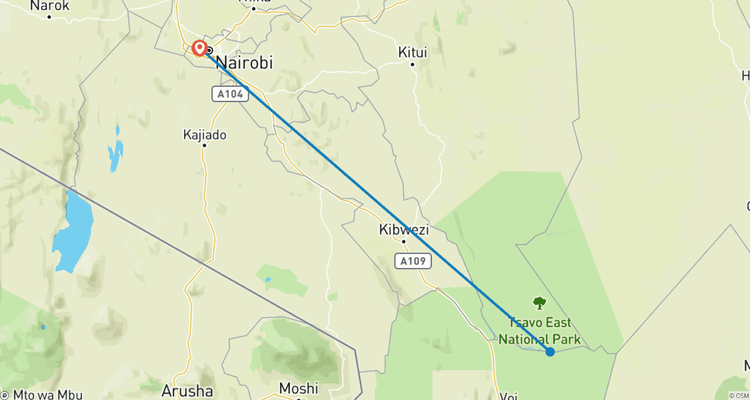 Mapa do percurso de Safári de 3 Dias e 2 Noites para o Parque Nacional de Tsavo, partindo de Nairóbi