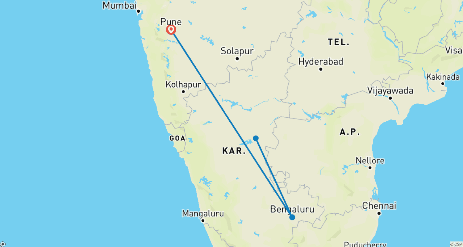 Mapa do percurso de Viagem Privada de 4 Dias ao Sítio UNESCO de Hampi saindo de Pune com Voos