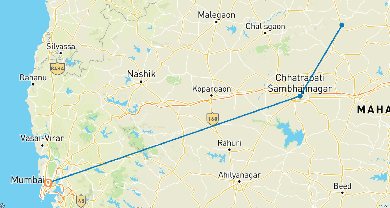 Mapa do percurso de Viagem Privada de 3 Dias às Cavernas de Ajanta e Ellora saindo de Mumbai com Voos