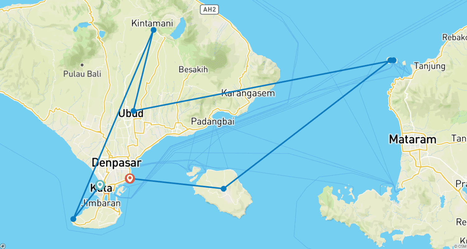 Mapa do percurso de 10 Dias: O Melhor de Bali, Gilis e a Experiência na Ilha de Nusa Penida