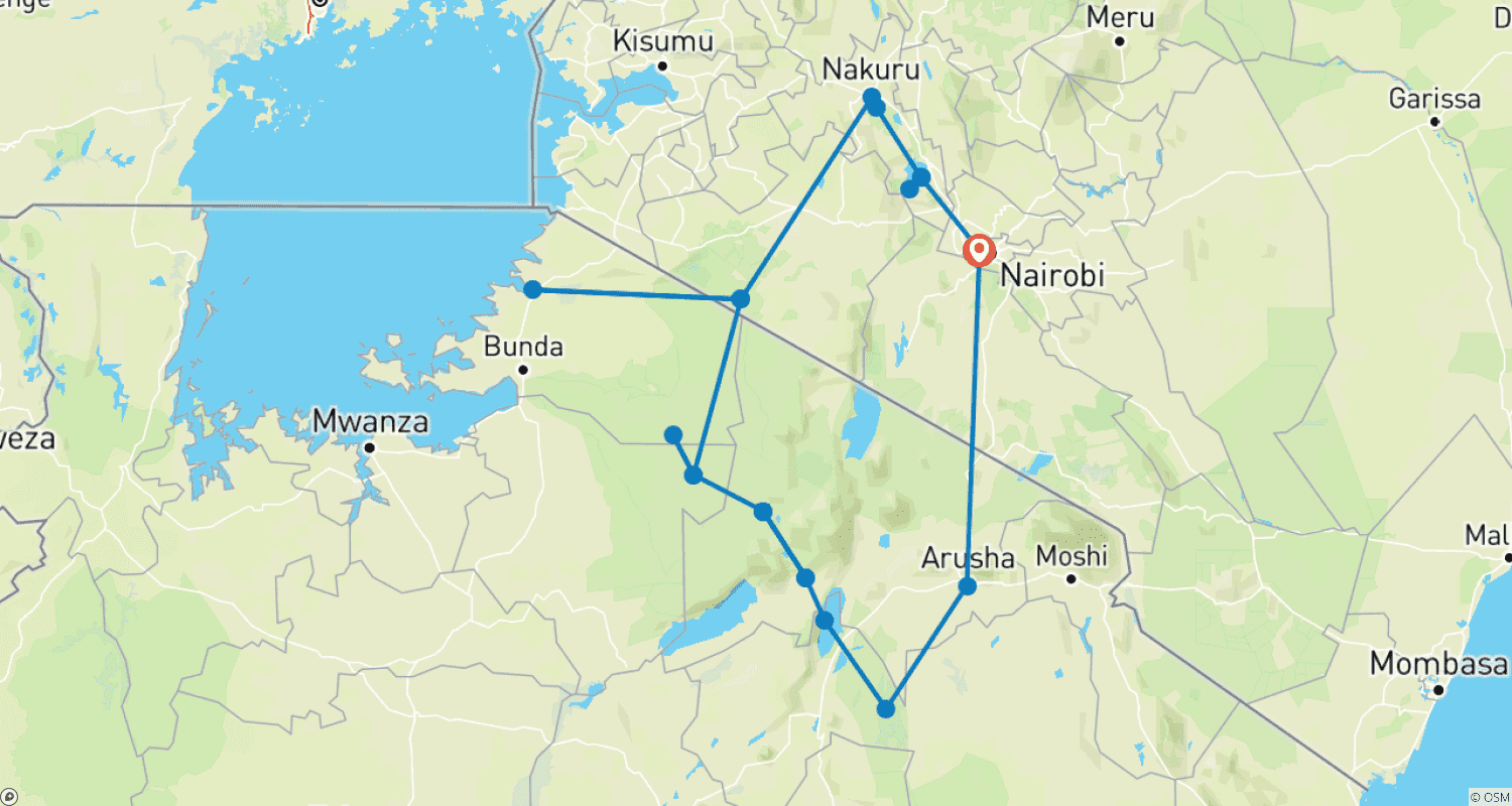 12日間 ケニアとタンザニア プライベートロッジサファリ ナイロビ発 Best Western plus Westlands Nairobi Hotelでの1泊目の宿泊無料と空港送迎付きのルートマップ