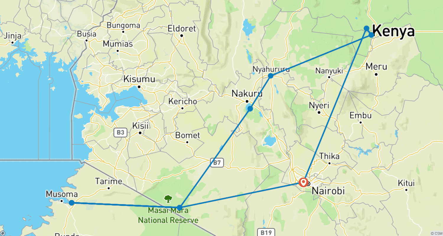 Mapa do percurso de Experiência Clássica no Quênia em Tendas de Lona 2024 - Com 4X4