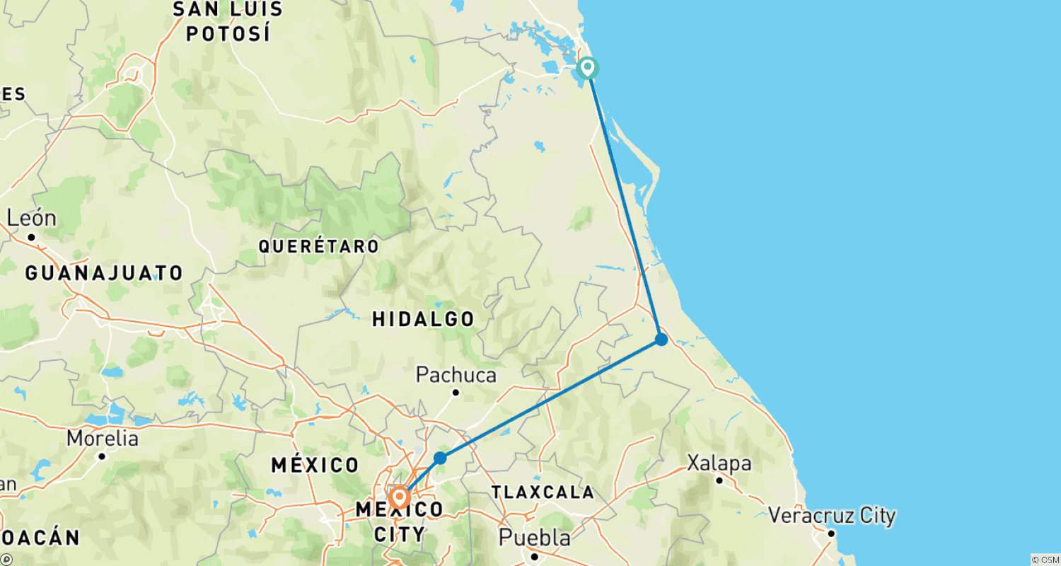 メキシコ湾ツアー：シエラマドレ・オリエンタル山脈の都市を巡る旅のルートマップ