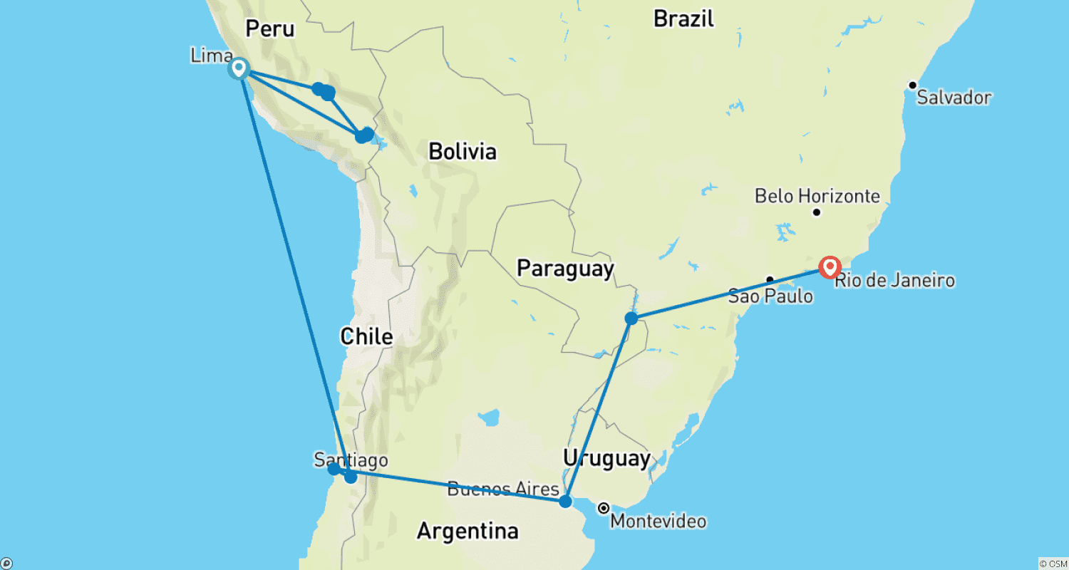 Mapa do percurso de Grande América do Sul (Pequenos Grupos)