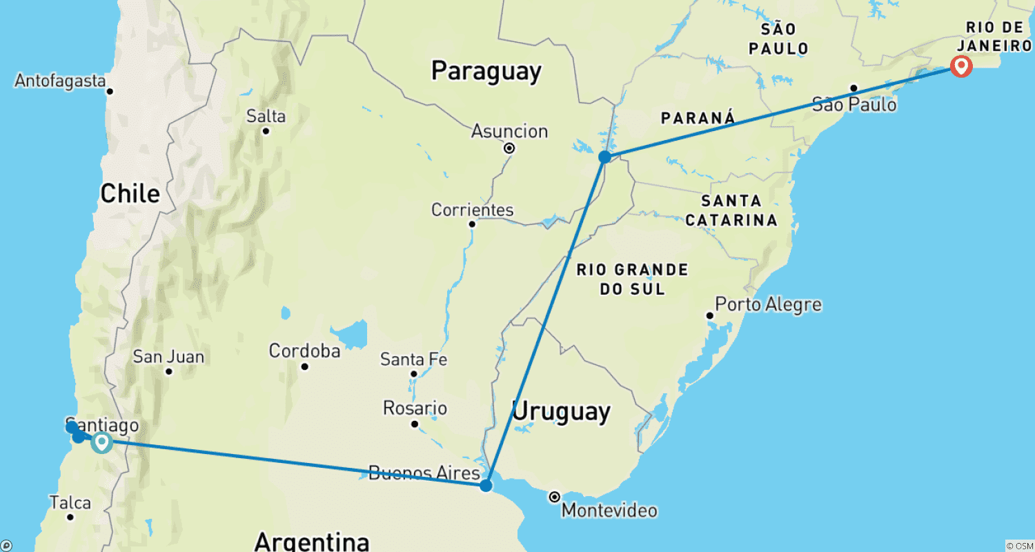 Mapa do percurso de América do Sul Clássica (Pequenos Grupos)