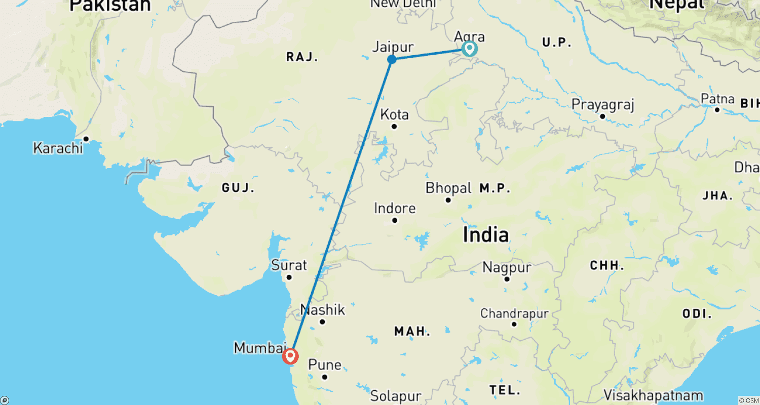 Mapa do percurso de Viagem Privada de 3 Dias ao Triângulo Dourado saindo de Bangalore: Nascer do Sol no Taj Mahal, Hotéis de Luxo, Voos e Ingressos Sem Fila