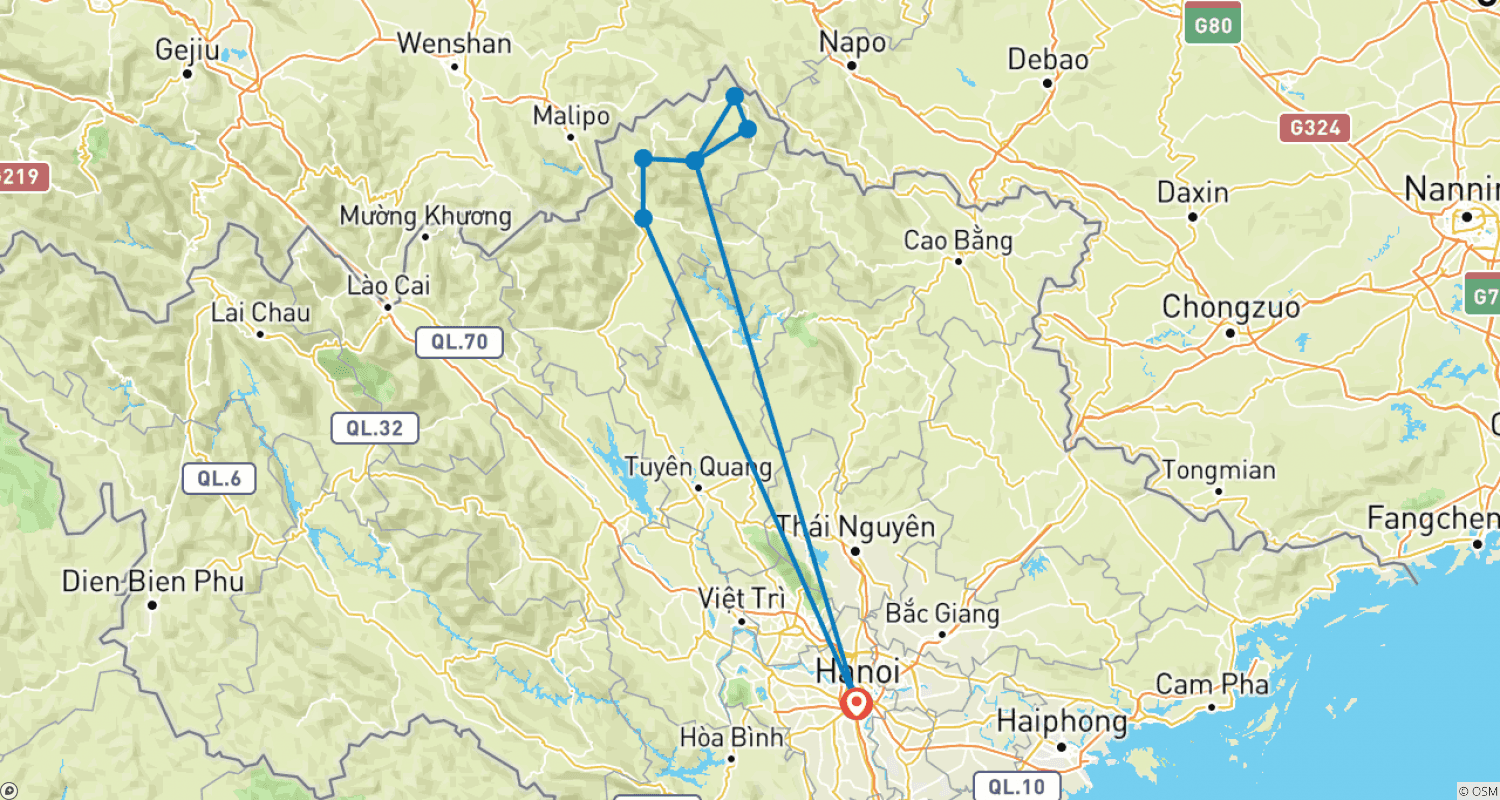 Mapa do percurso de Trekking em Ha Giang: Tour de 5 Dias