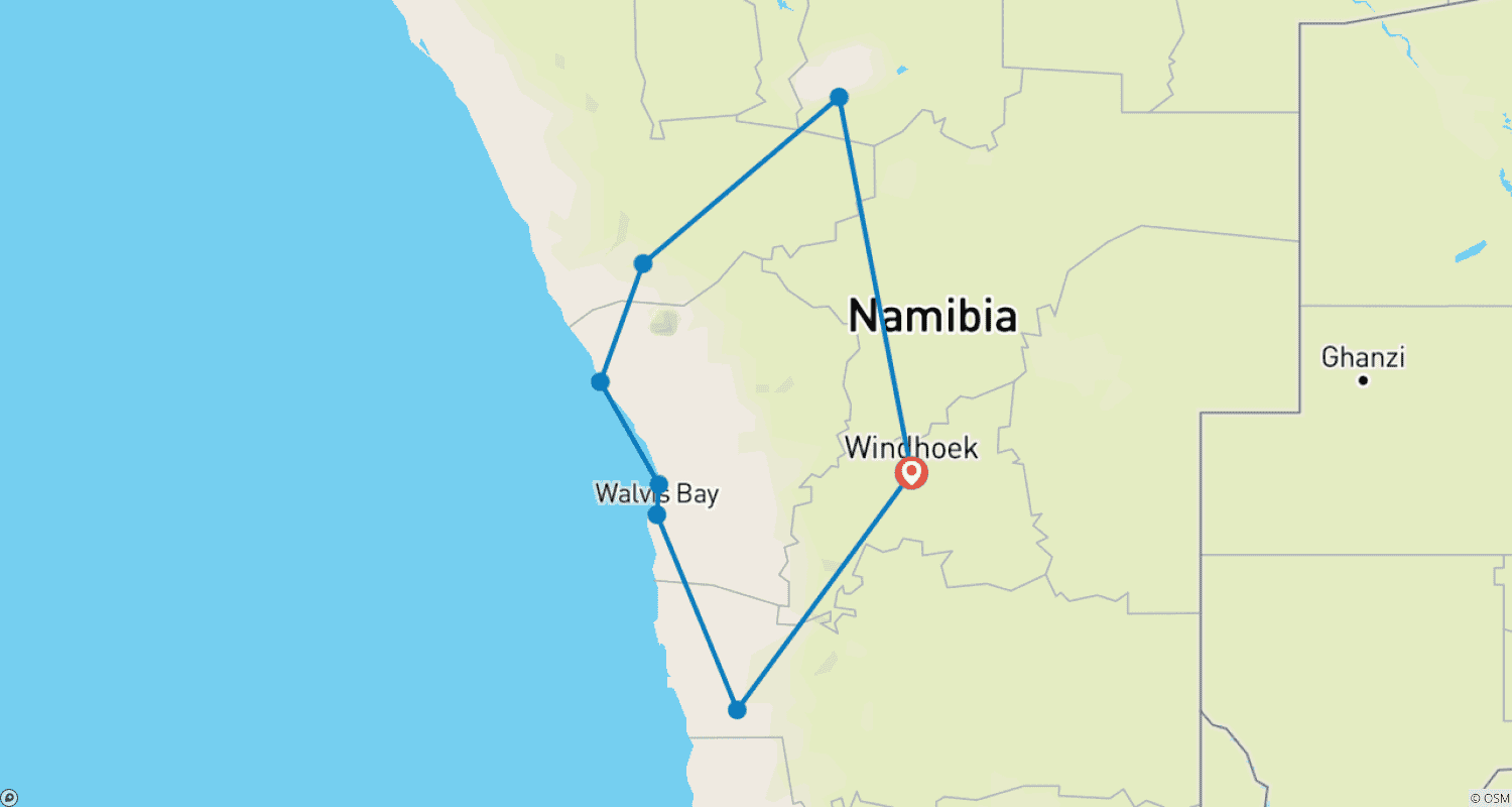 Mapa do percurso de 8 Dias: Sossusvlei, Swakop, Twyfelfontein e Parque Nacional Etosha (Acampamento)