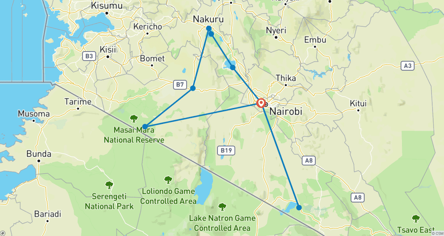Mapa trasy: 7-dniowe safari po Amboseli, Naivasha, Nakuru i Mara z Nairobi