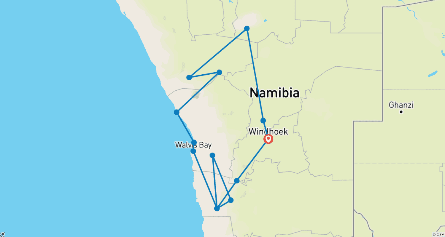 Mapa trasy: 8-dniowa Sossusvlei, Swakop, Twyfelfontein i Etosha (Zakwaterowanie)
