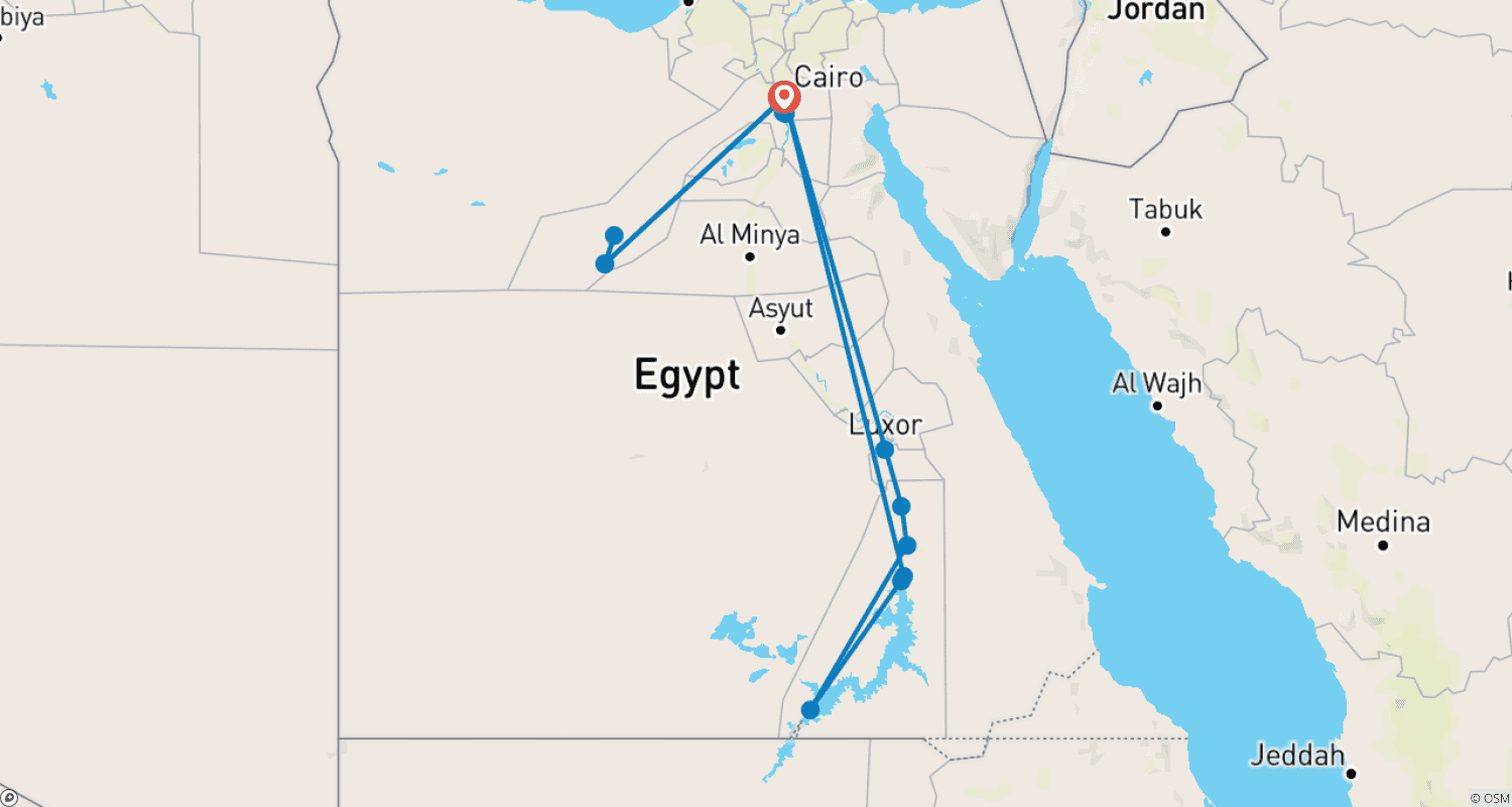 خريطة مسار أسطورة مصر - 10 أيام (القاهرة، الجيزة، التخييم في الصحراء البيضاء، رحلة نيلية إلى أسوان والأقصر + قطار نوم)