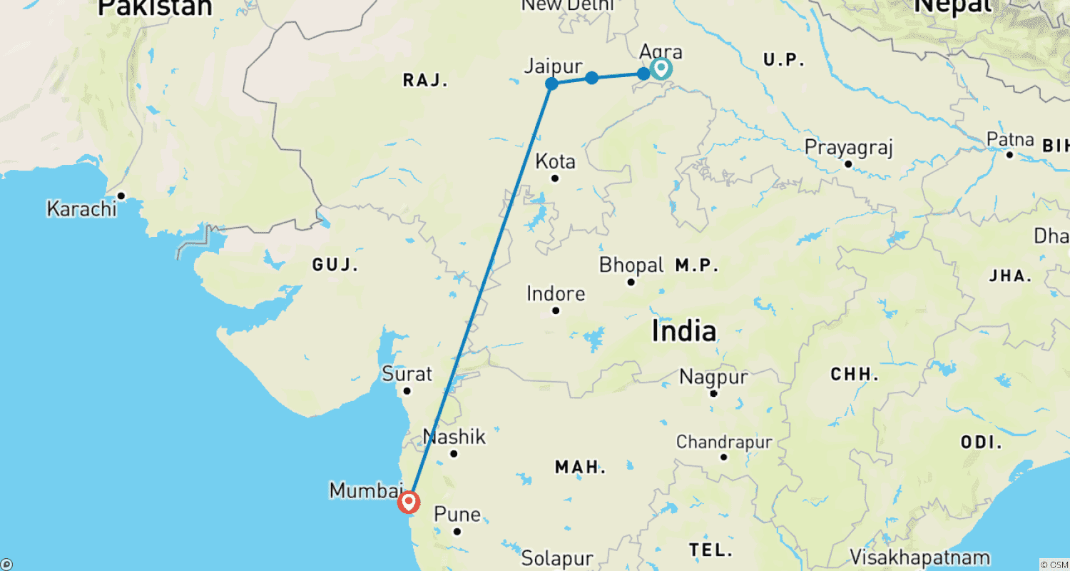 Mapa do percurso de Viagem Privada de 4 Dias ao Triângulo Dourado saindo de Mumbai: Nascer do Sol no Taj Mahal, Hotéis de Luxo, Voos e Ingressos Sem Fila