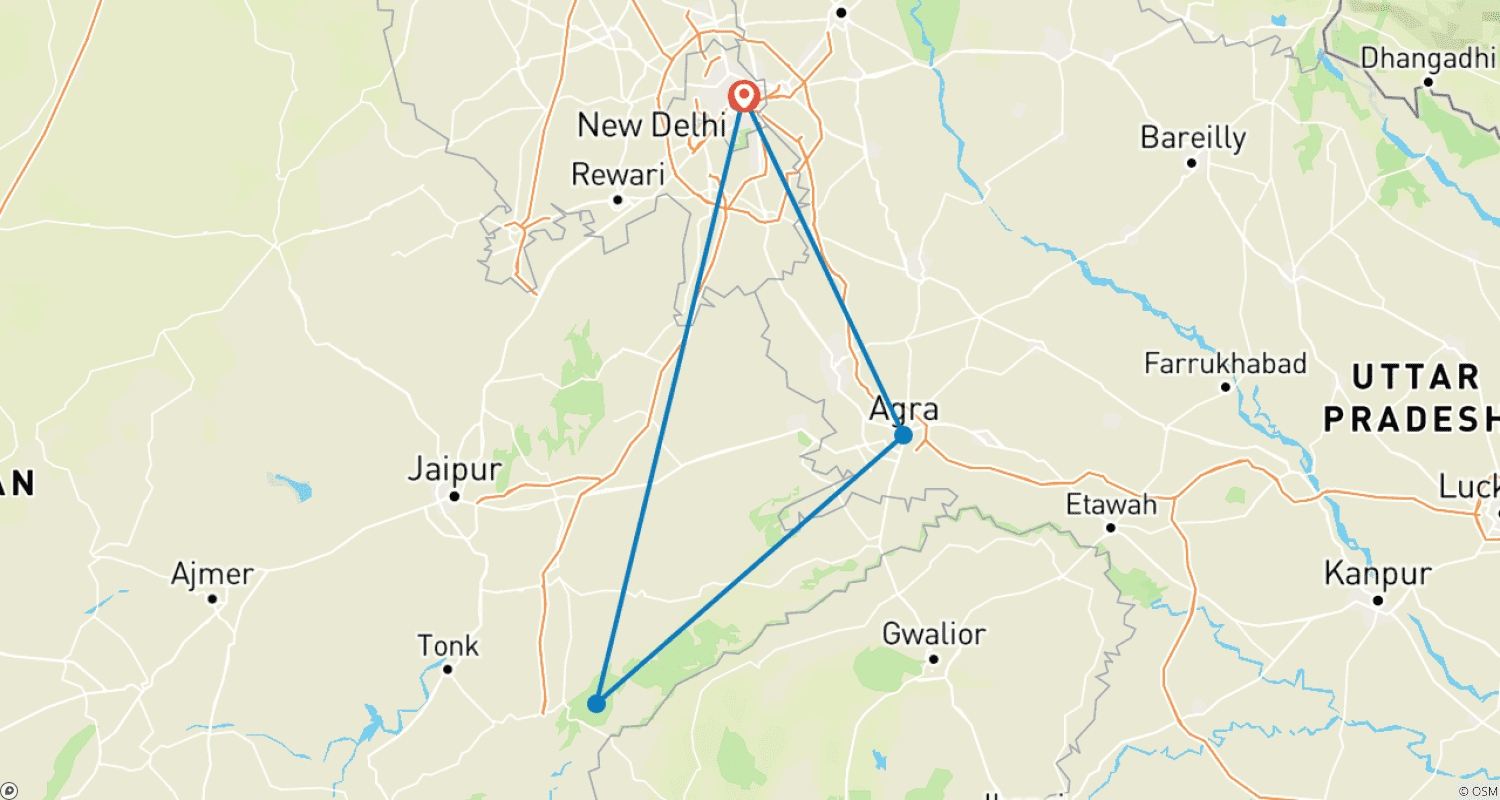 Mapa trasy: Z Delhi: Prywatna luksusowa wycieczka do Tadż Mahal z safari po dzikiej przyrodzie