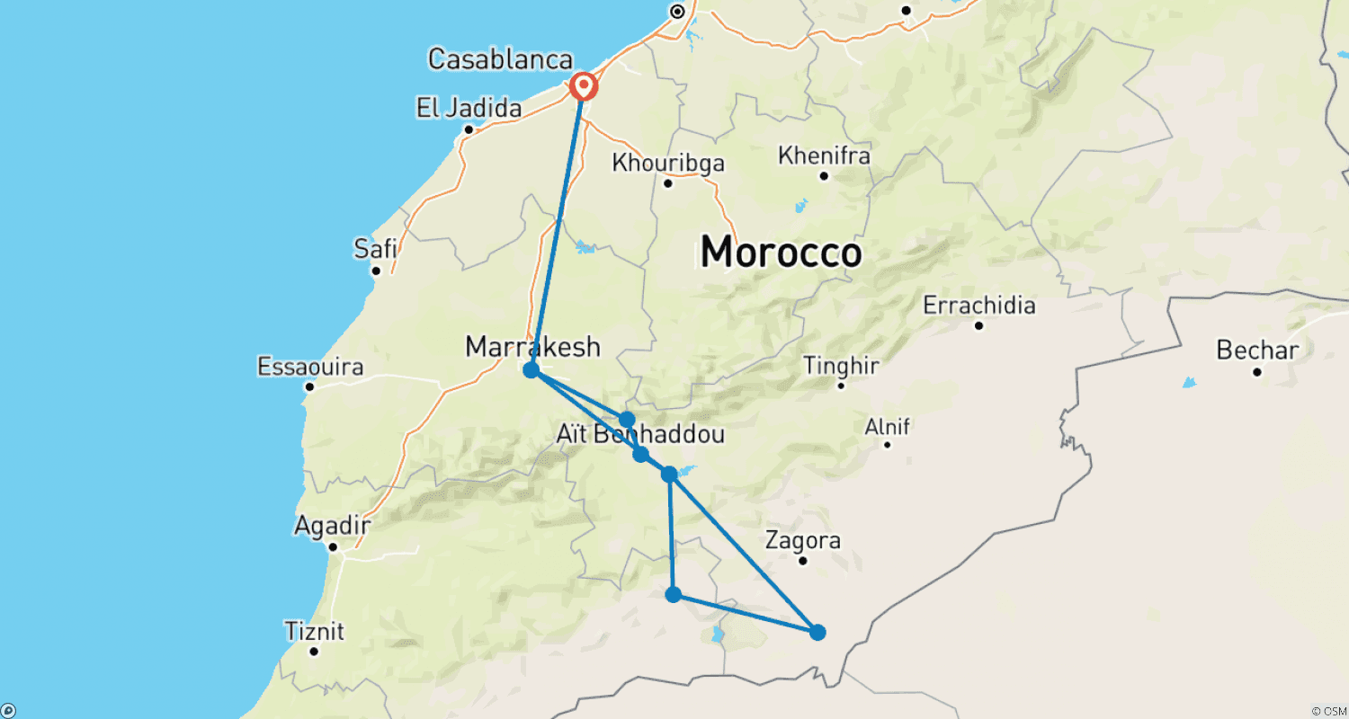 Mapa trasy: 5-dniowa pustynna wycieczka po Maroku z Casablanki do Erg Chigaga