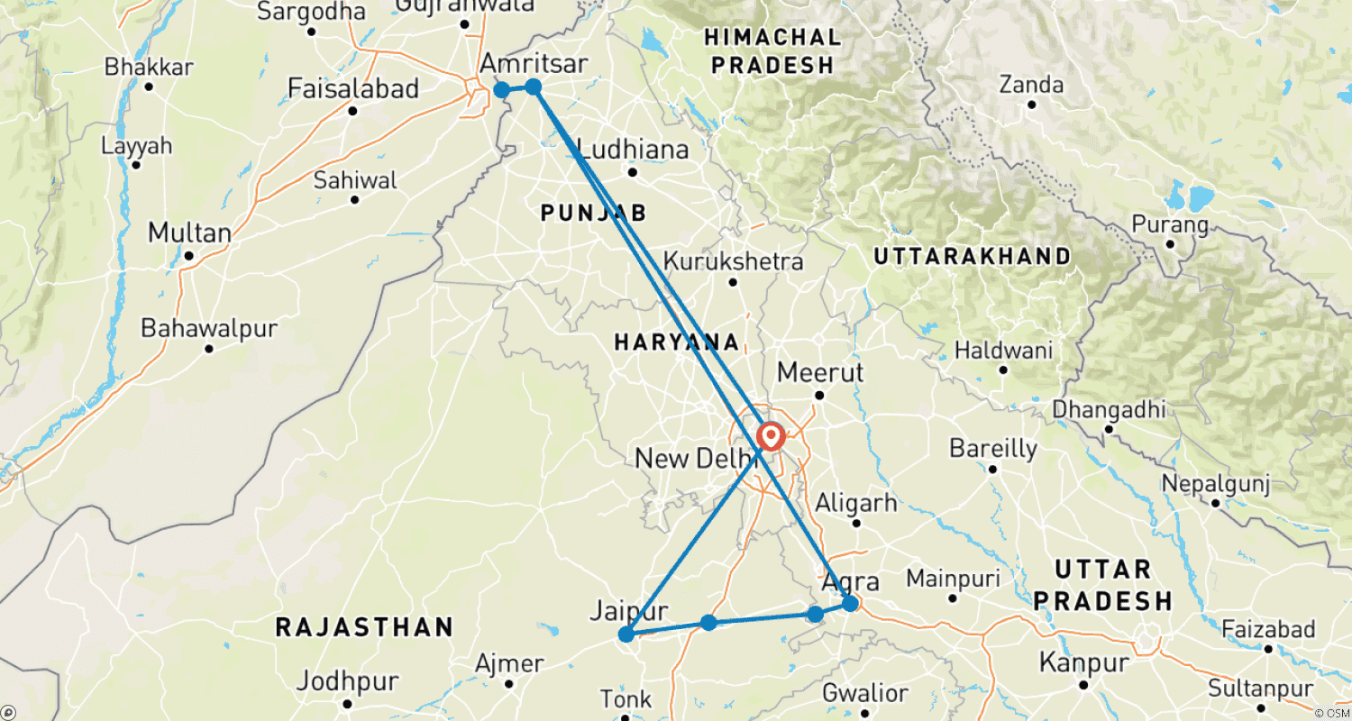Mapa do percurso de Triângulo Dourado com o Templo Dourado de Amritsar (7 Noites / 8 Dias)