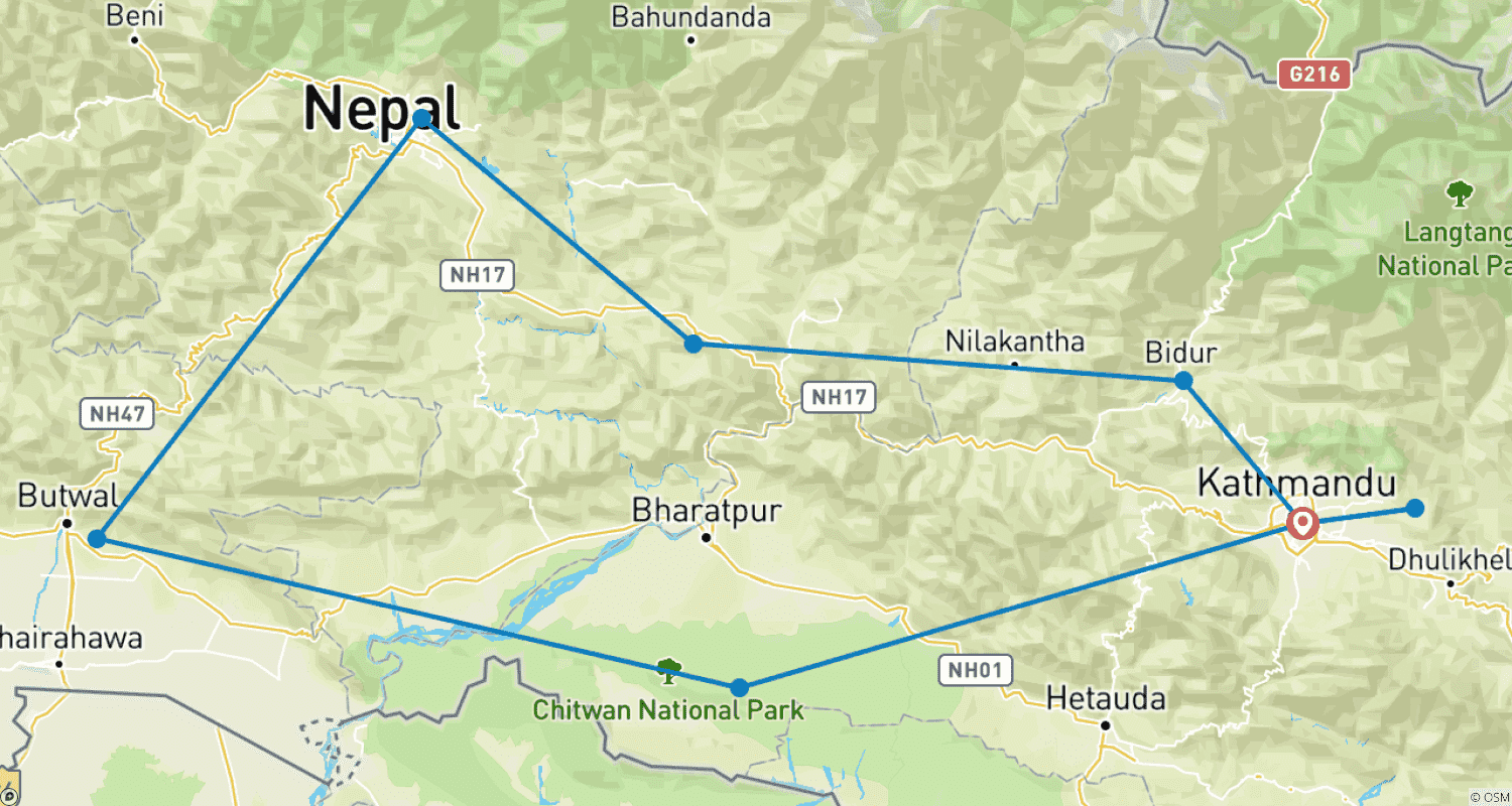 Mapa do percurso de Tour de 12 Dias no Nepal