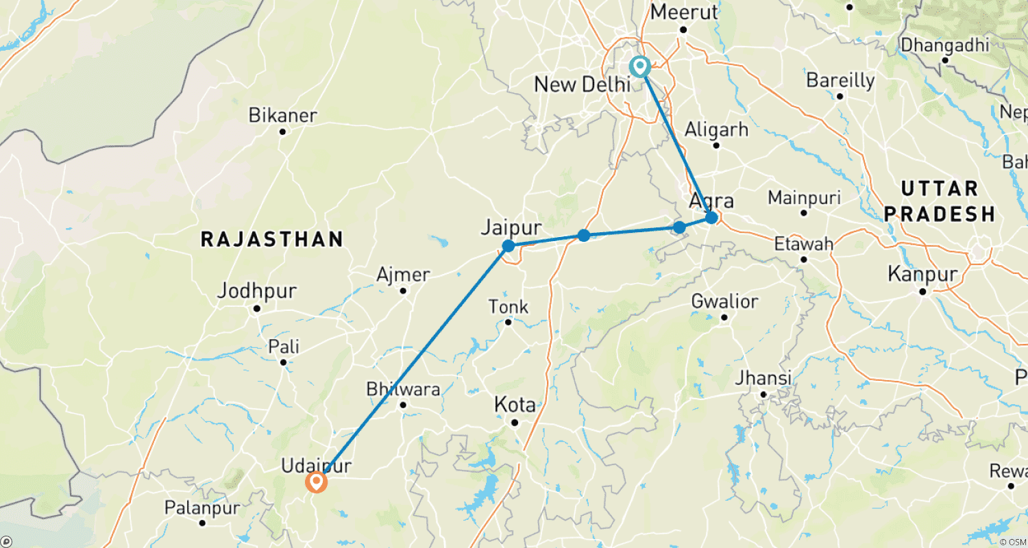 Mapa do percurso de Triângulo Dourado com Udaipur ( Delhi - Agra - Jaipur - Udaipur ) 7 Noites / 8 Dias