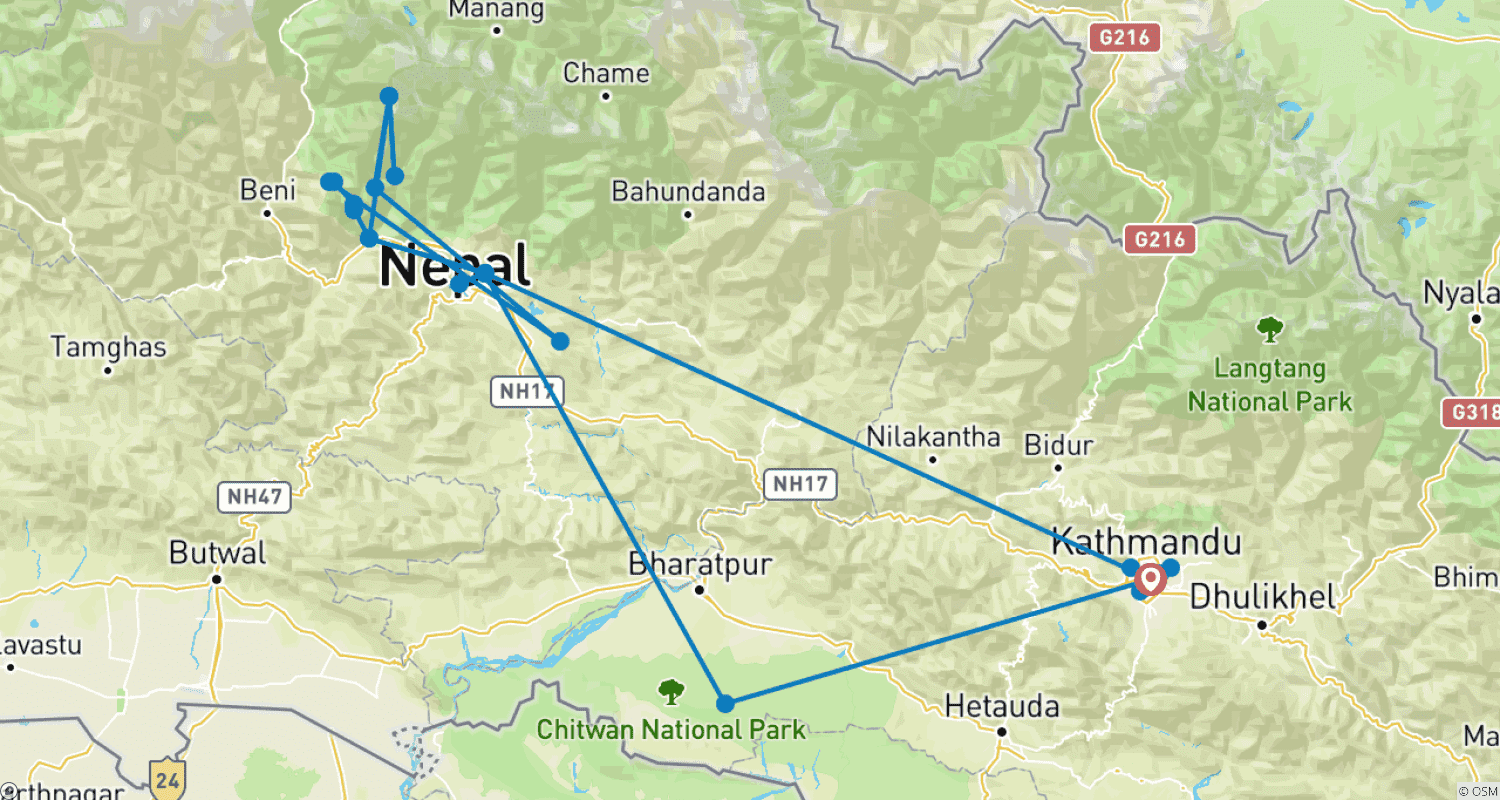 Mapa do percurso de Yoga, Trekking na Montanha e Safári de Tigres no Nepal - 12 Dias