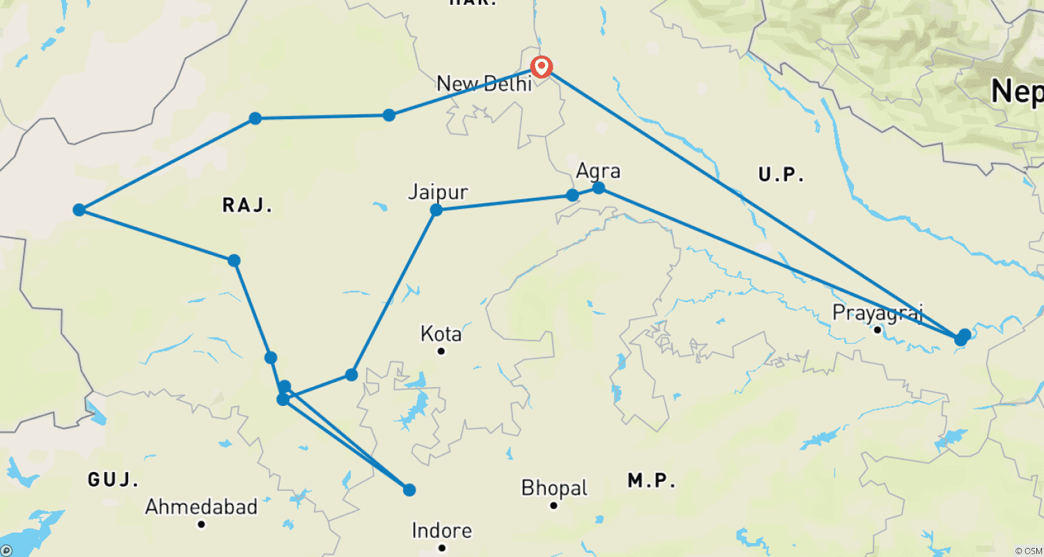 Rajasthan Forts and Palaces Tour with ガンジス川のルートマップ