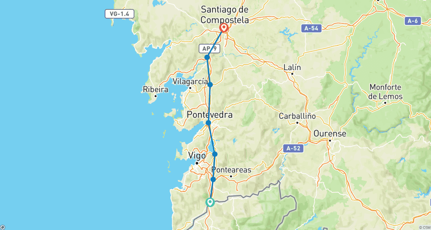 Mapa do percurso de "Camino de Santiago" (Caminho de Santiago): Caminho Português de Tui - 100 km