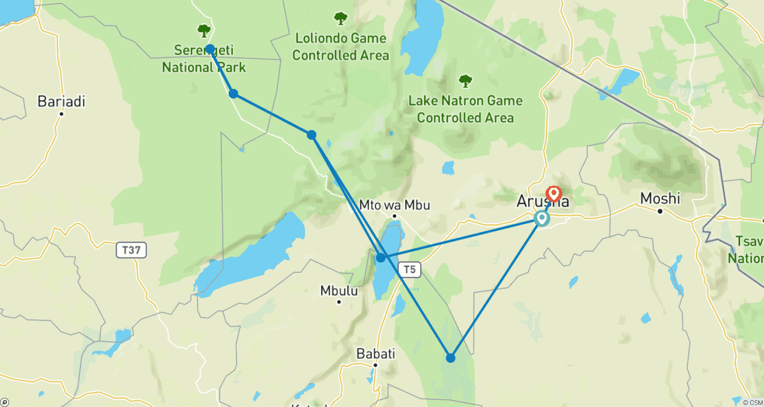 Mapa do percurso de 7-Days Camping safari to most visited National Parks in Africa