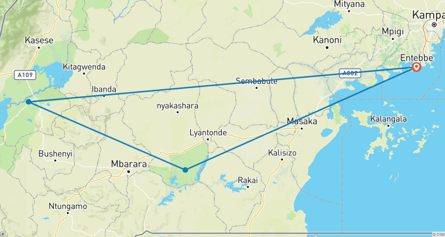 Mapa trasy: Odkryj Ugandę: Park Narodowy Królowej Elżbiety i Park Narodowy Jeziora Mburo (Wyłącznie Prywatnie)