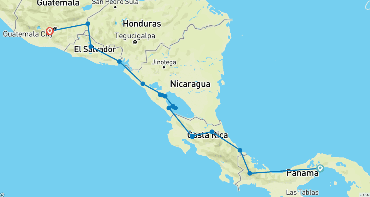 Mapa do percurso de Maravilhas da América Central - 22 dias