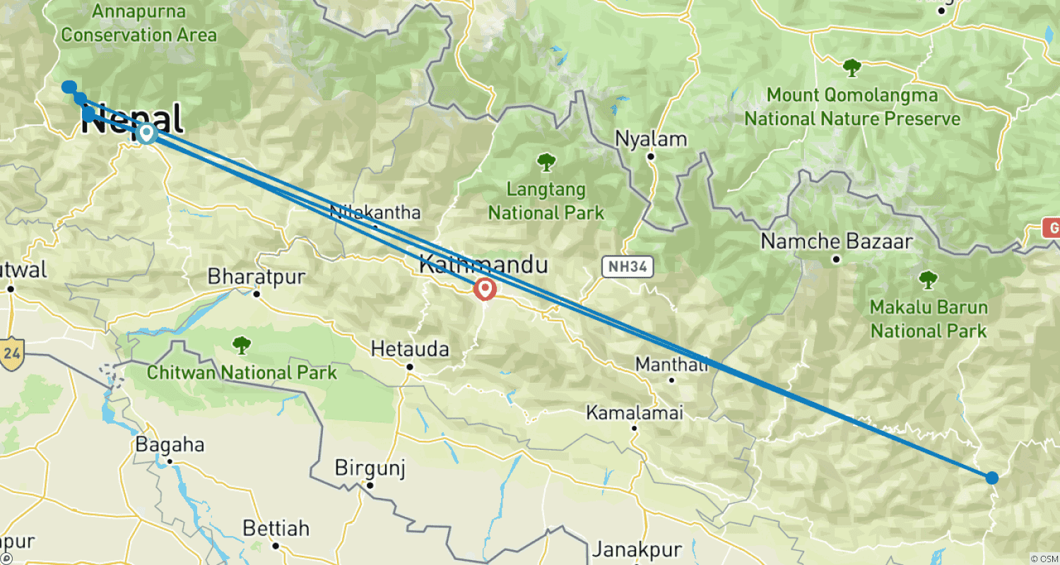 Mapa do percurso de 5 dias de Trekking Ghorepani-Poonhill