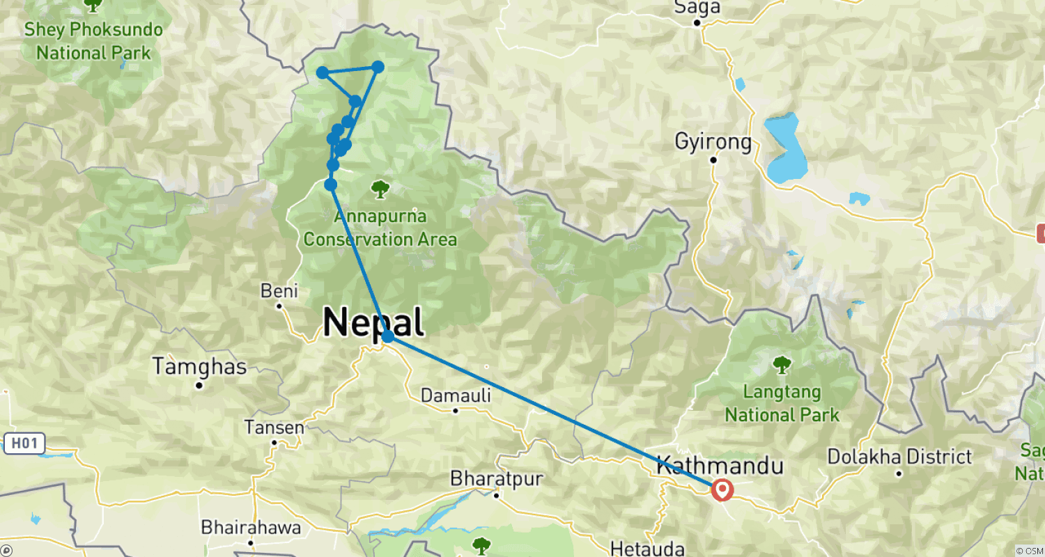 Mapa do percurso de Caminhada de 14 dias pelo Alto Mustang