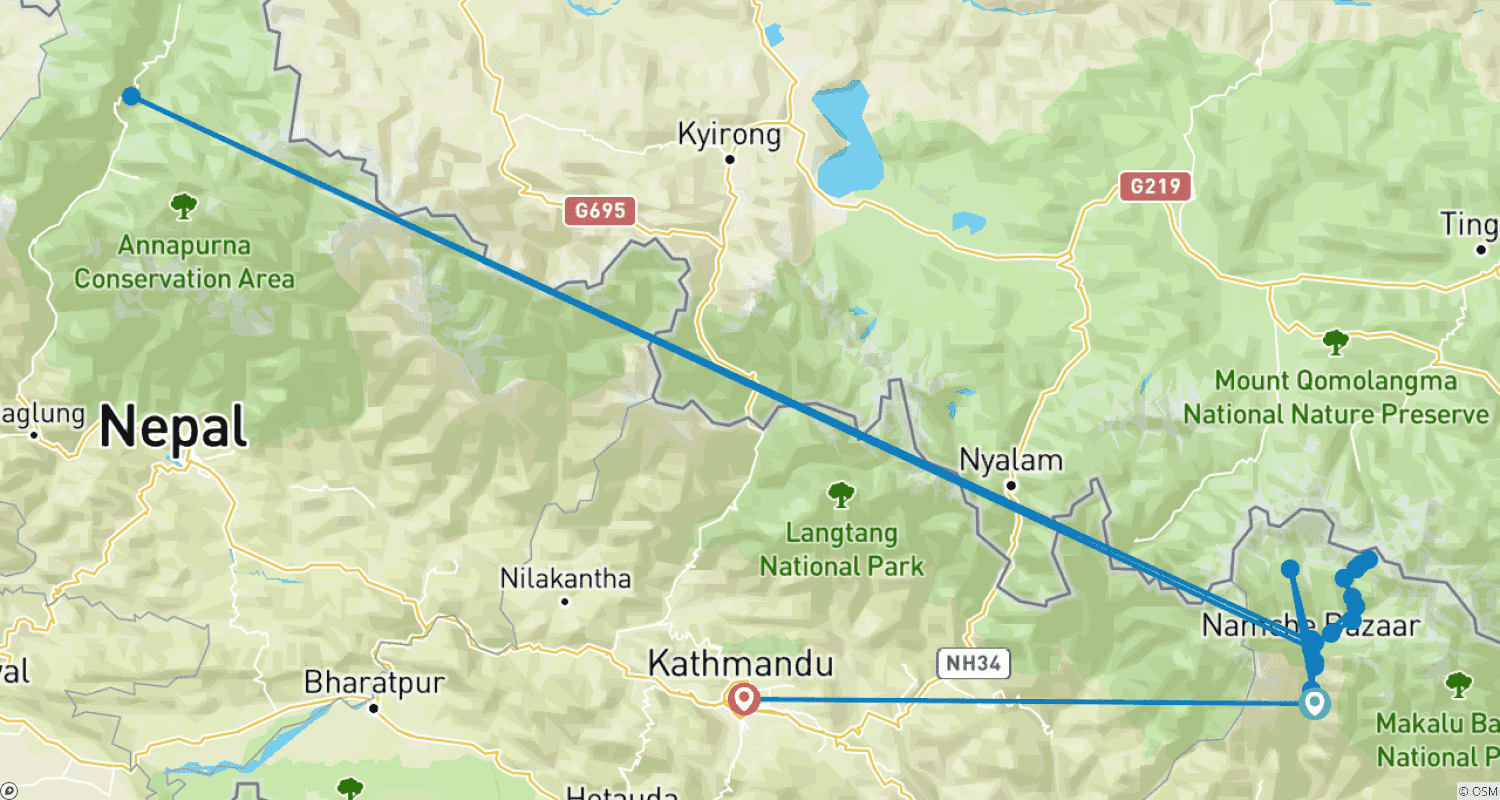 Mapa do percurso de 14 Dias: Caminhada ao Acampamento Base do Everest com escalada do Lobuche East