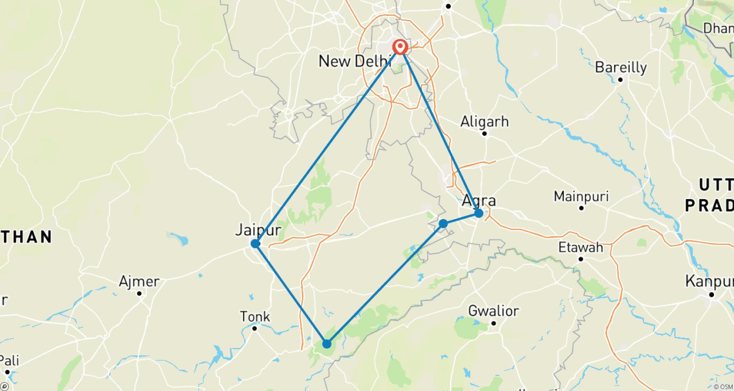 خريطة مسار جولة المثلث الذهبي مع رانثامبور