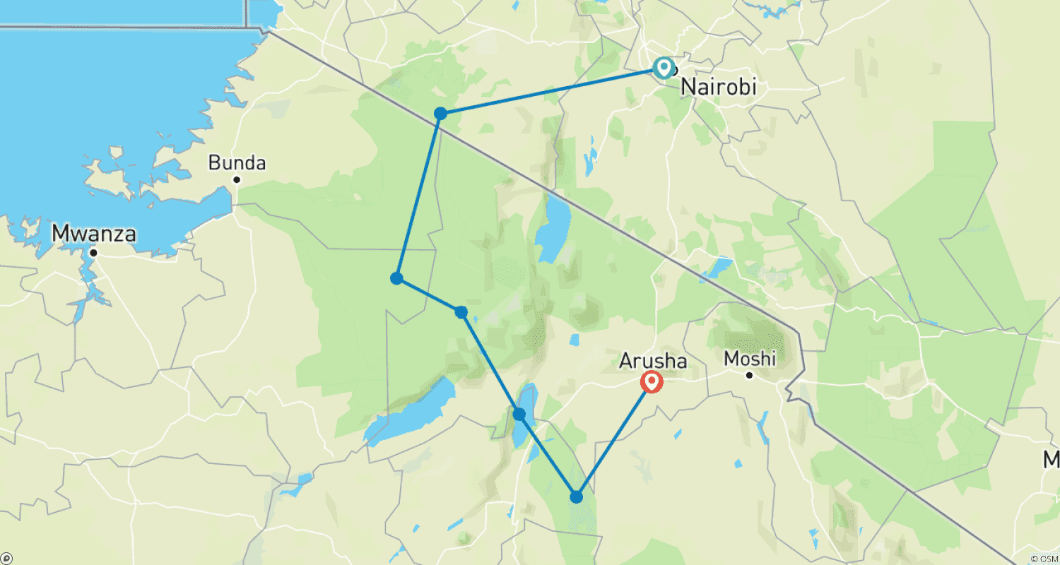 Mapa do percurso de Safári de Acampamento Econômico de 09 Dias no Quênia e Tanzânia