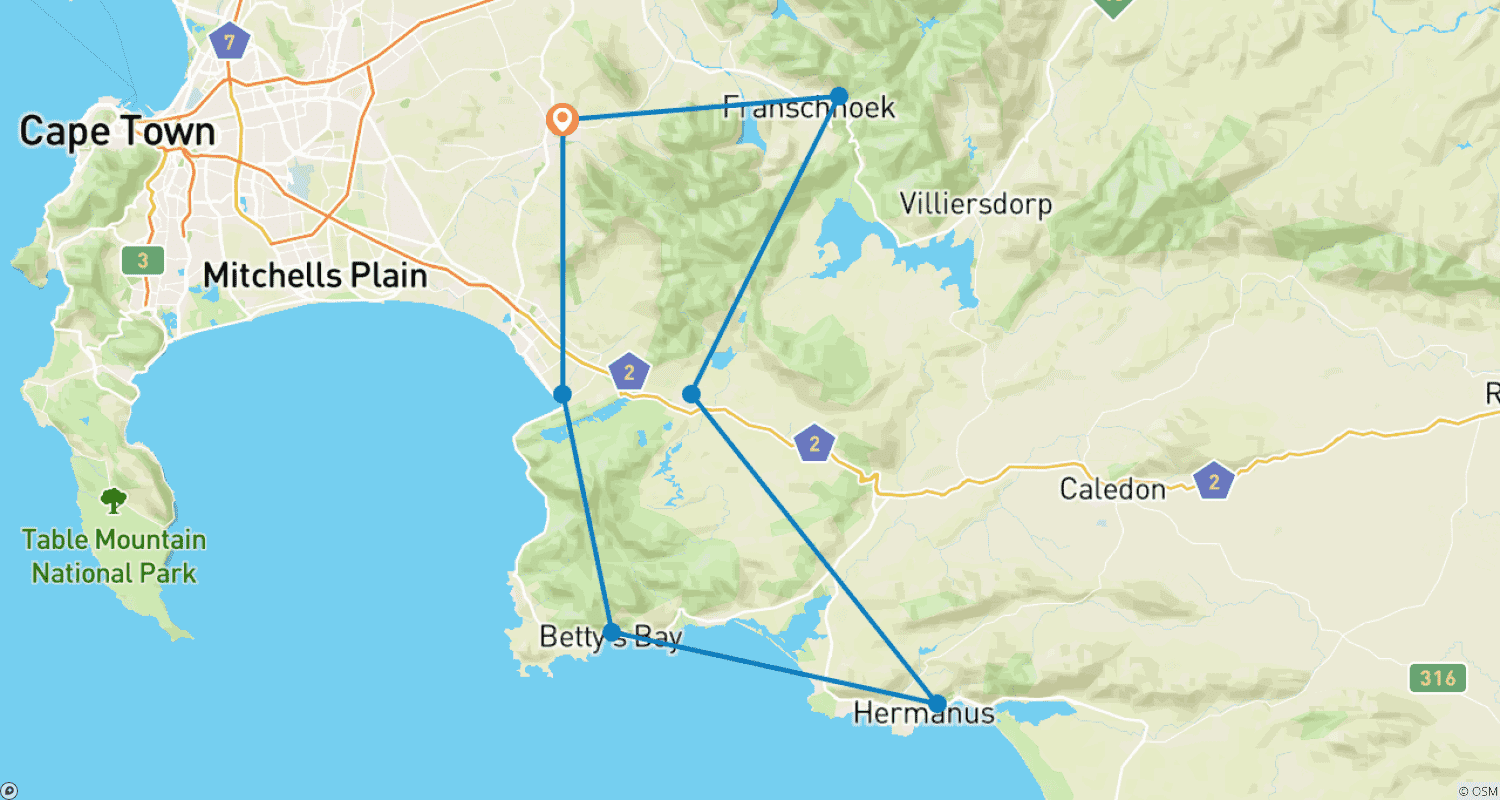 3 Stellenbosch to Hermanus Cycle Tourのルートマップ