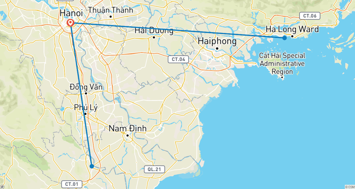 Mapa trasy: 6-dniowa wycieczka po Północnym Wietnamie: Hanoi - Ninh Binh - Zatoka Halong