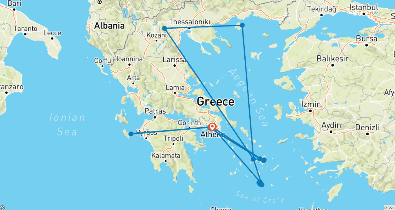 Mapa do percurso de Excursão a Zakynthos e 3 Ilhas Egeias - 10 Dias - Premium