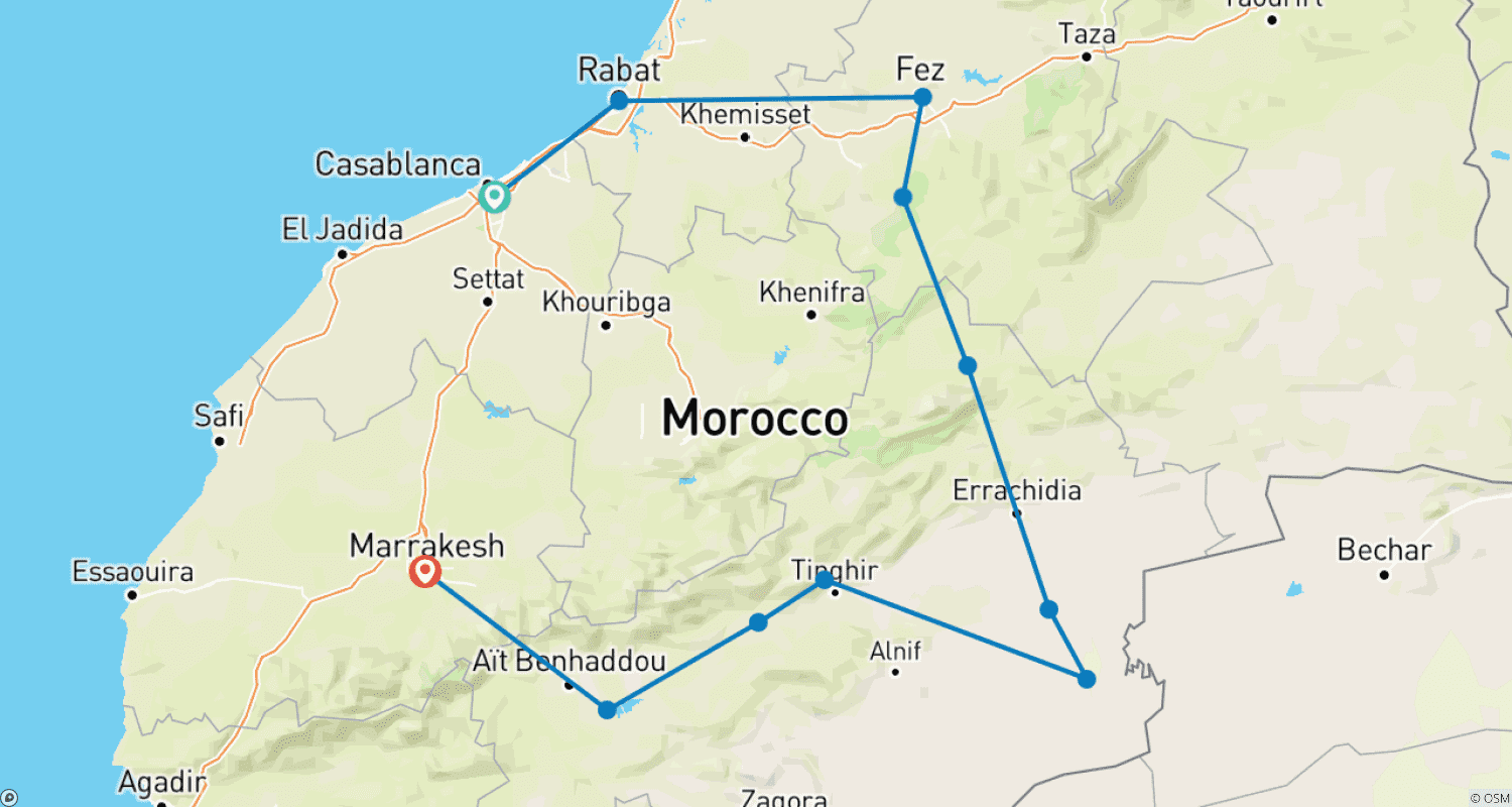 خريطة مسار 5 Days Private Tour from Casablanca to Marrakech Via Fes, Merzouga Desert & Ouarzazate
