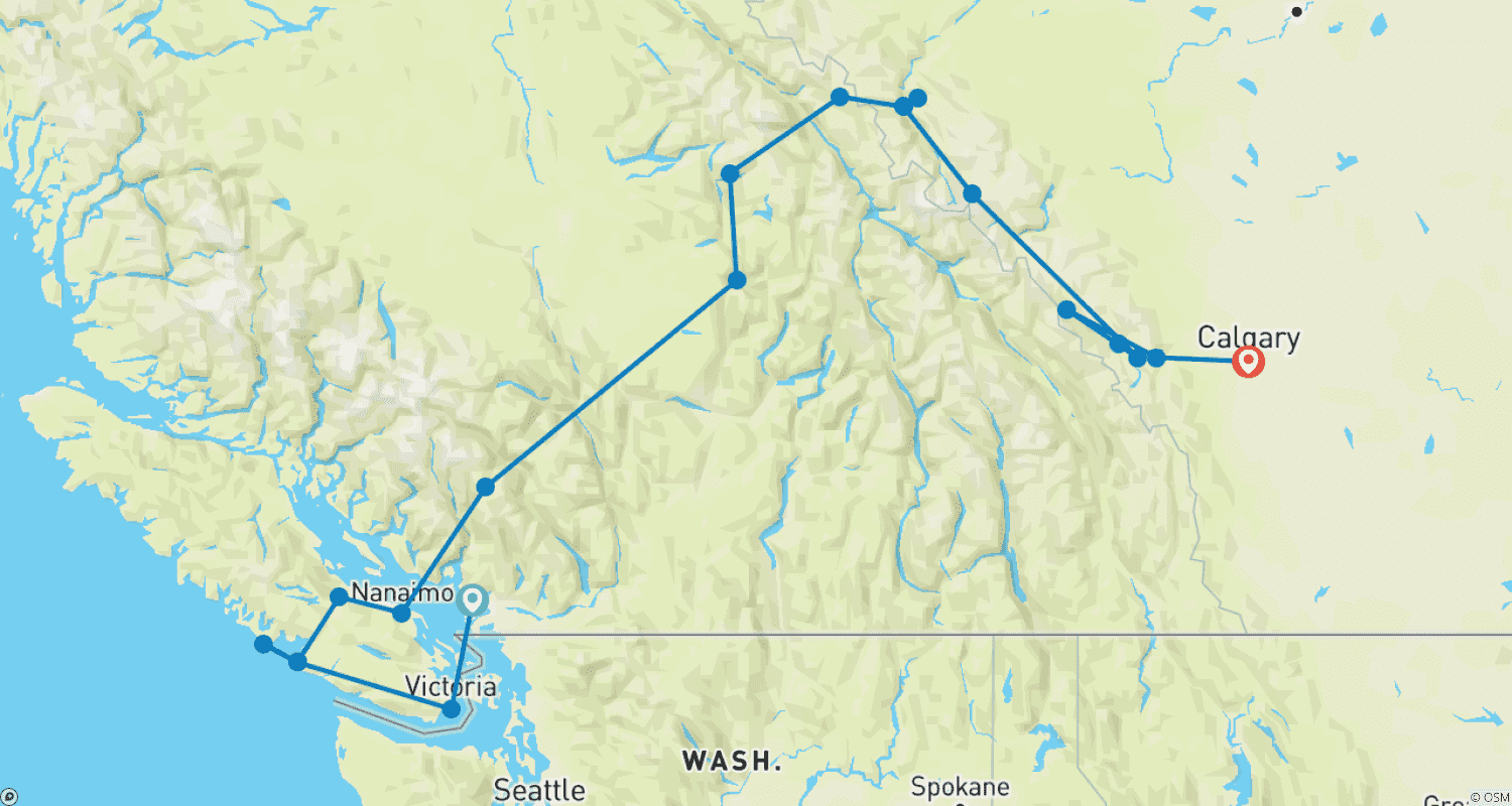 Mapa trasy: Kanadyjskie Góry Skaliste i Wybrzeże Pacyfiku (Vancouver do Calgary)