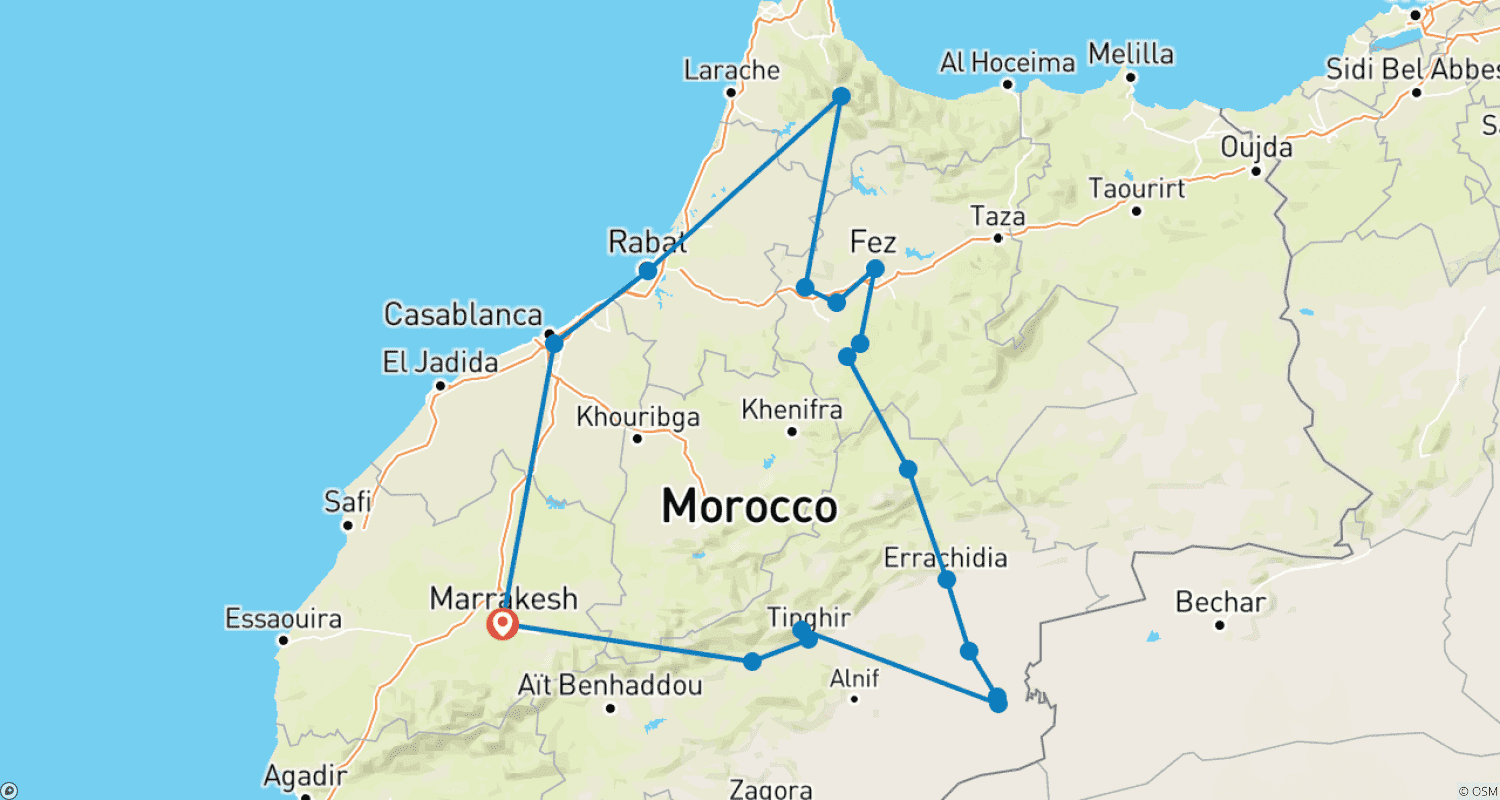 Mapa do percurso de From Marrakech: 8 Day Private Tour via the Desert, Fes, Chefchaouen, and Casablanca