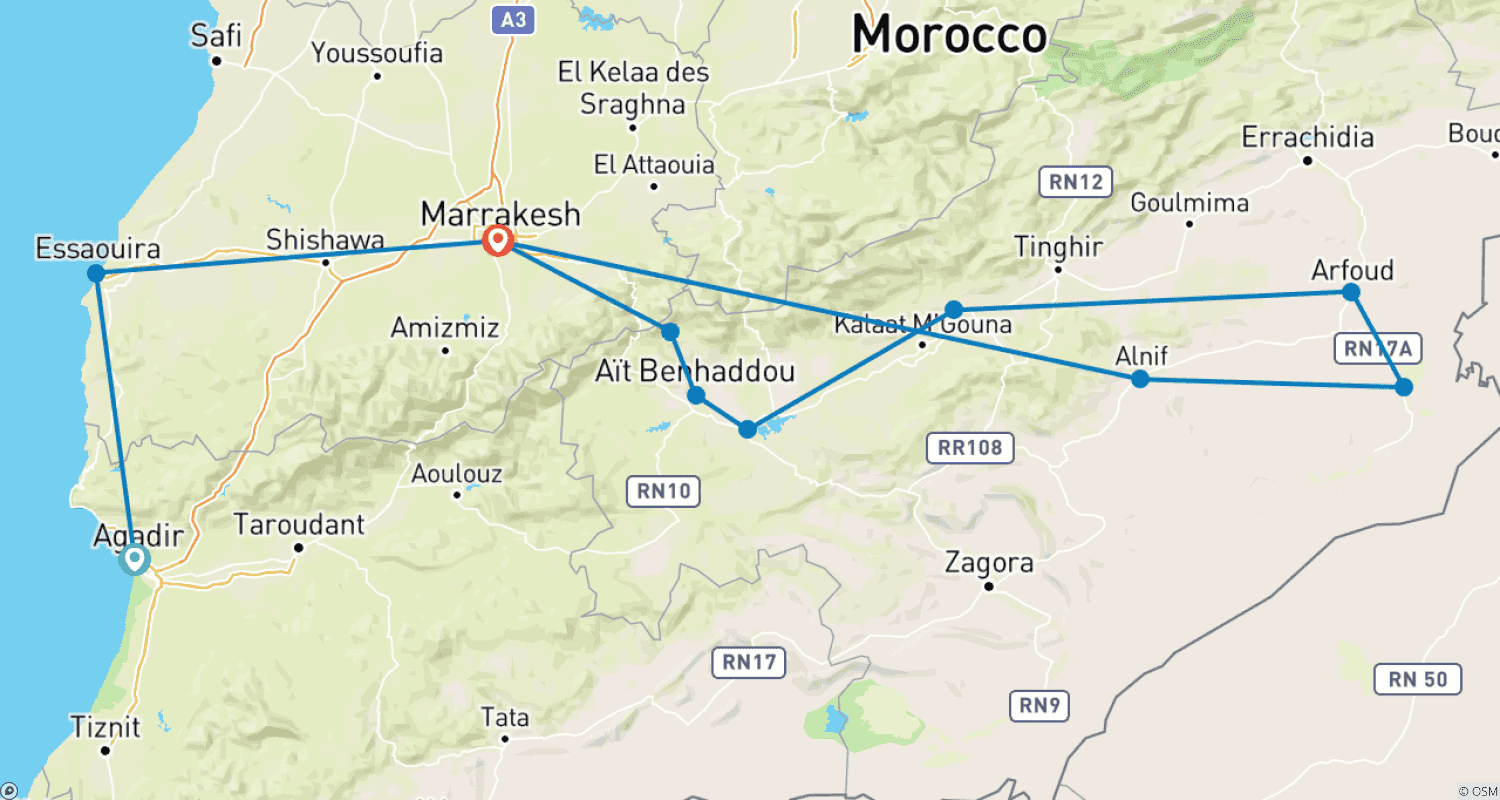 Mapa trasy: Z Agadiru: 7-dniowa prywatna wycieczka przez Essaouirę, Marrakesz i Pustynię Sahara