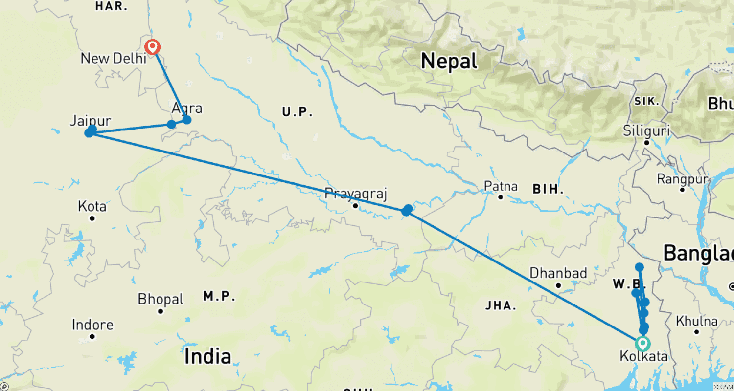 Mapa do percurso de Cruzeiro no Ganges entre Calcutá e Varanasi & os esplendores do Rajastão (cruzeiro de porto a porto)