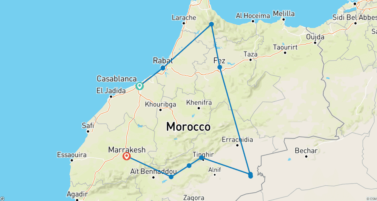 Mapa do percurso de Excursão de 6 Dias de Casablanca via Chefchaouen, Fes e Deserto do Saara