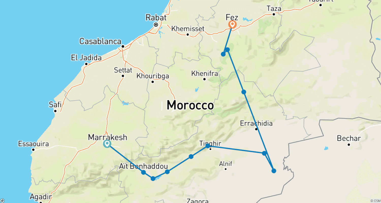 Mapa do percurso de Excursão de 4 Dias no Deserto de Marraquexe a Fez