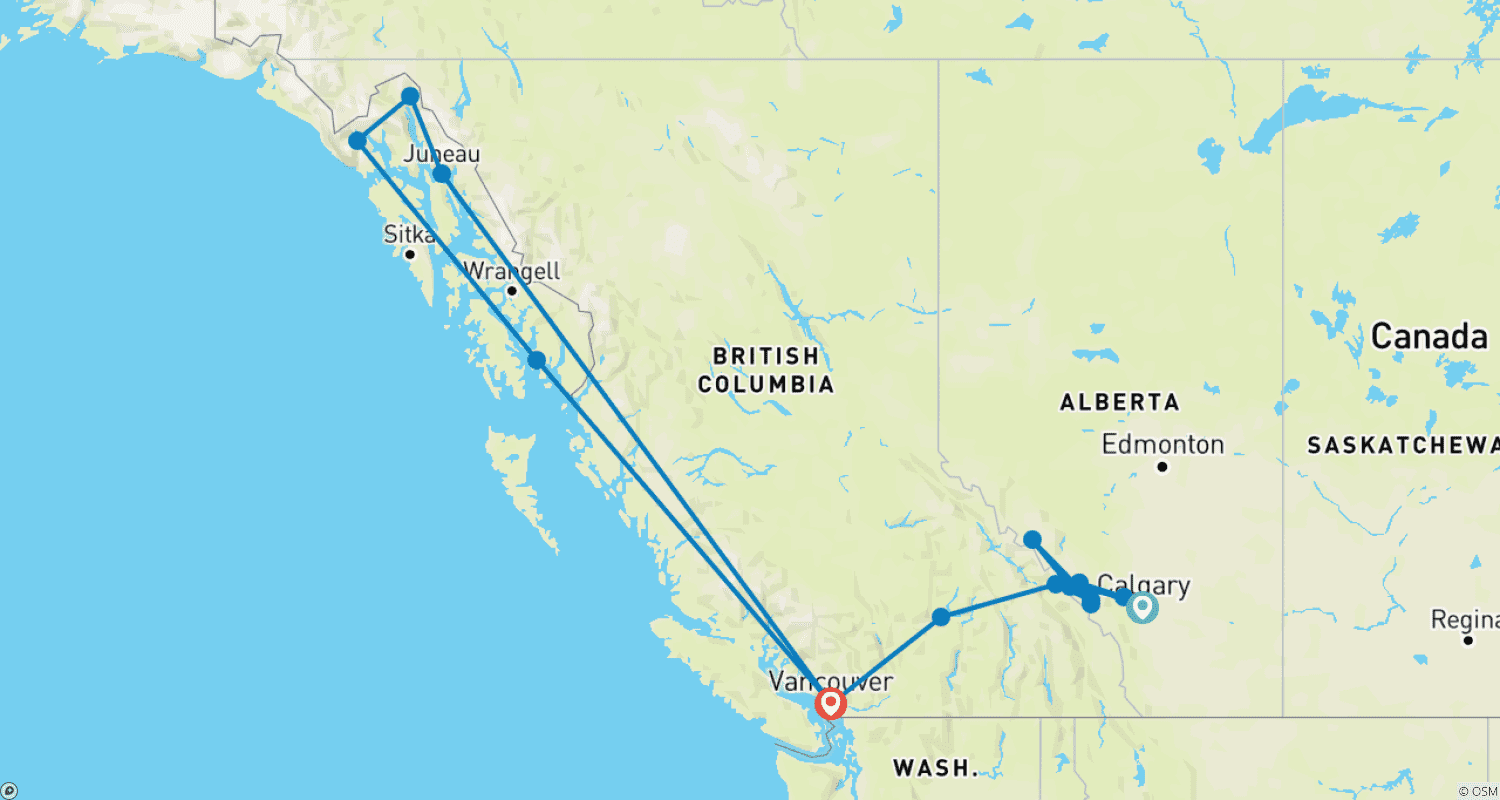 Mapa do percurso de Maravilha das Montanhas Rochosas e Cruzeiro no Alasca Calgary → Vancouver (2026)