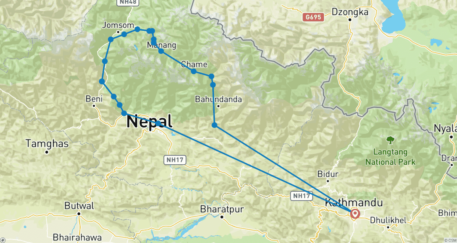 Mapa do percurso de Trekking do Circuito Annapurna