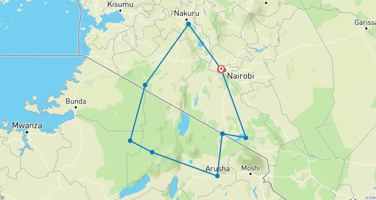 Mapa trasy: 11-dniowe połączone safari dzikiej przyrody: Kenia i Tanzania