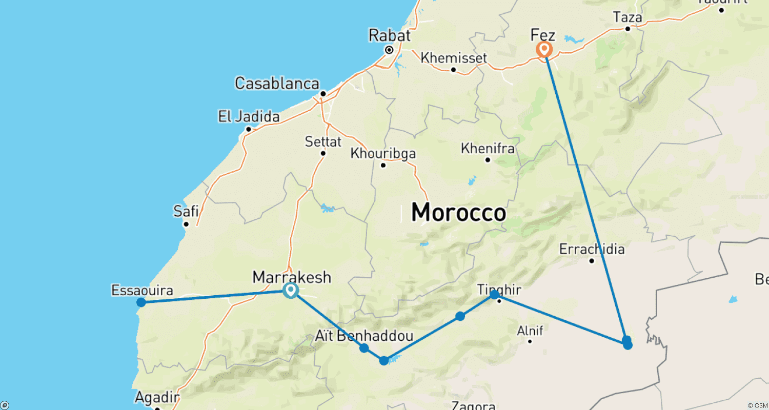Mapa do percurso de Viagem Privada de 6 Dias: Marraquexe, Essaouira e Viagem ao Deserto para Fez