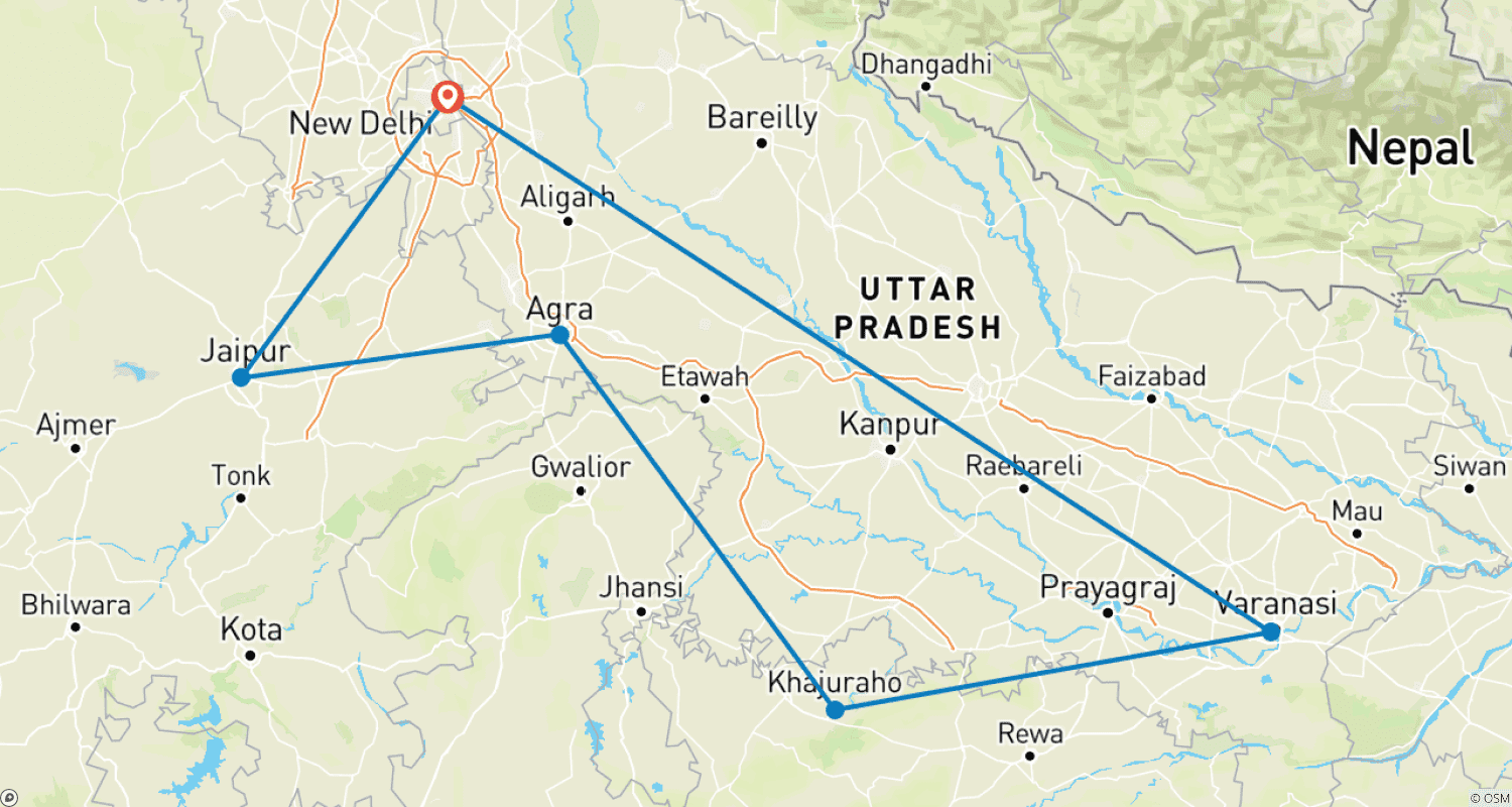 Mapa do percurso de Excursão Religiosa e Histórica por Varanasi e Khajuraho com Delhi Agra Jaipur