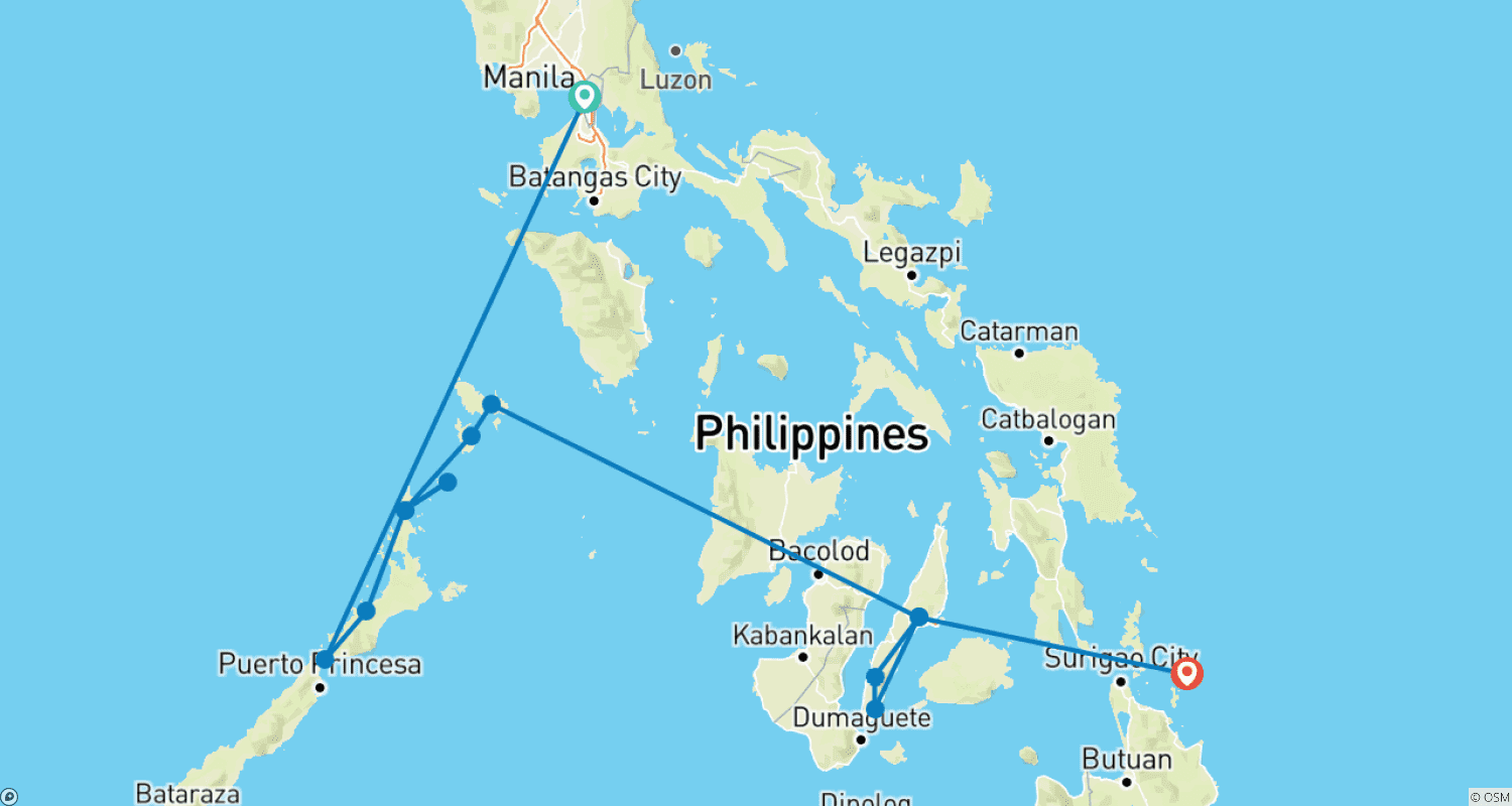 خريطة مسار مغامرة الفلبين لمدة 16 يومًا من El Nido إلى جزيرة Coron (جولة مستقلة)