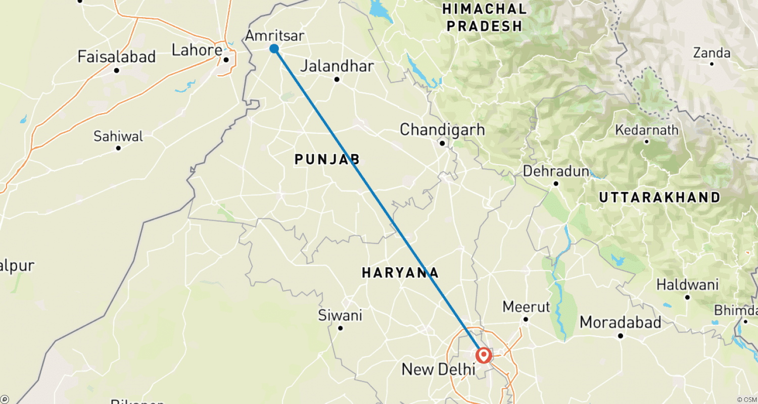 Mapa trasy: Duchowa podróż do Amritsaru z Delhi samolotem